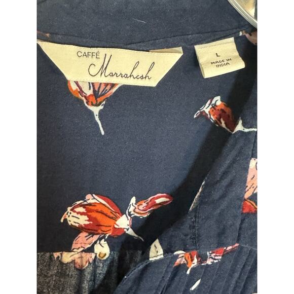 Caffe Marrahesh Blue Button Up With Pink/Red Floral Print, Rayon, Large - Picture 4 of 6